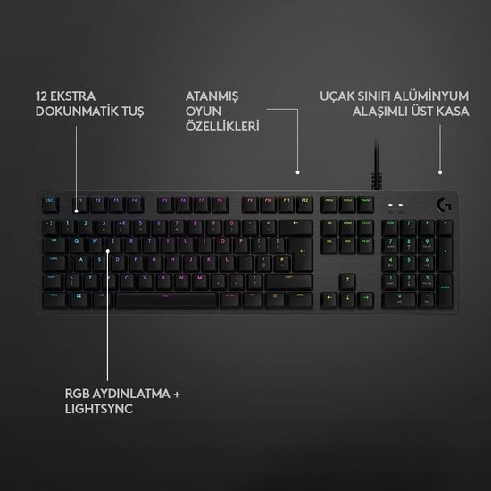 Logitech G512 Lightsync Mekanik Oyuncu Klavyesi (920-009353) - Türkçe Q, RGB Aydınlatmalı, Kablolu, Siyah Tasarım