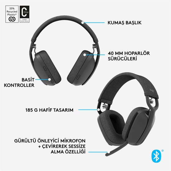 Logitech Zone Vibe 100 Siyah Kablosuz Kulaklık (981-001213) - 40mm Dinamik Sürücü, Bluetooth 5.2, ENC Mikrofon Kumandalı