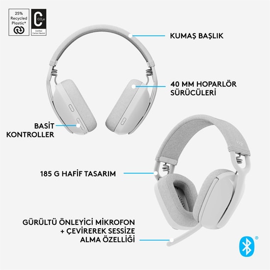 Logitech Zone Vibe 100 Beyaz Kablosuz Kulaklık (981-001219) - 40mm Dinamik Sürücü, Bluetooth 5.2, ENC Mikrofon Kumandalı