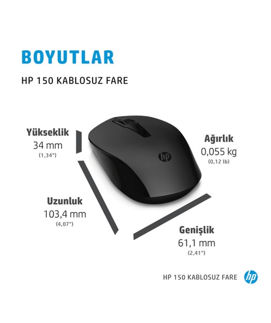 HP 150 Kablosuz Optik USB Mouse (2S9L1AA) - 1600 DPI Hassasiyet, Ergonomik Tasarım, Sağ/Sol El Uyumlu