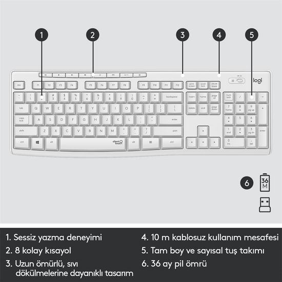 Logitech MK295 Beyaz Sessiz Kablosuz Numerik Klavye Mouse Seti (920-010089) - Türkçe Q Düzen, 10m Menzil