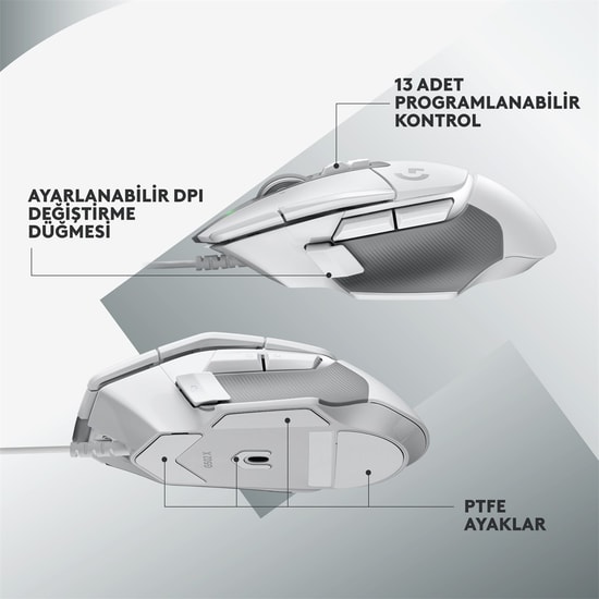Logitech G502 X Kablolu Oyuncu Mouse Beyaz (910-006147) - 25600 DPI, HERO Sensör, 13 Tuşlu, Optik, 210 cm Kablo