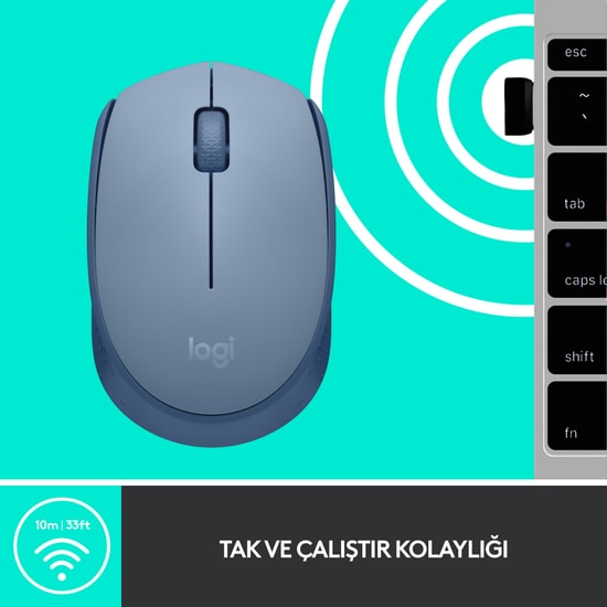 Logitech M171 Açık Mavi Kablosuz Nano Mouse (910-006866) - 1000 DPI, Optik Sensör, 2.4 GHz Bağlantı, Tak Çalıştır