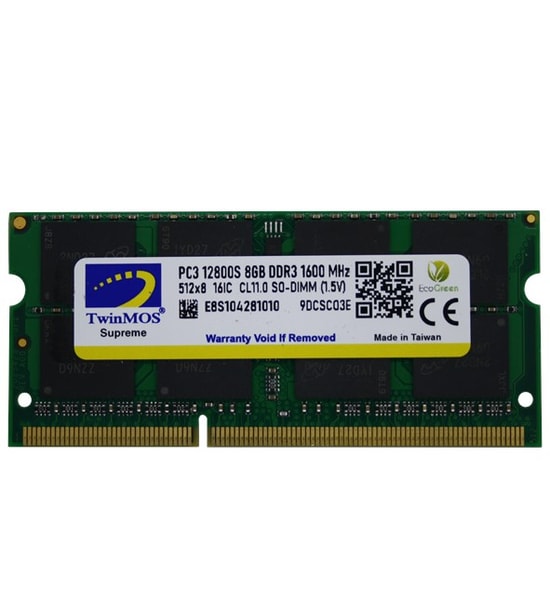 TwinMOS 8GB DDR3 1600MHz CL11 SODIMM Notebook RAM (MDD38GB1600N) - 1.5V Laptop Belleği, Non-ECC, Tek Modül