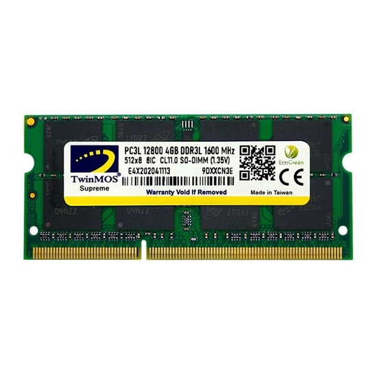 TwinMOS 4GB DDR3 1600MHz CL11 Notebook RAM Bellek (MDD3L4GB1600N) - 1.35V, SO-DIMM, Tek Modül, Non-ECC, 204 Pin