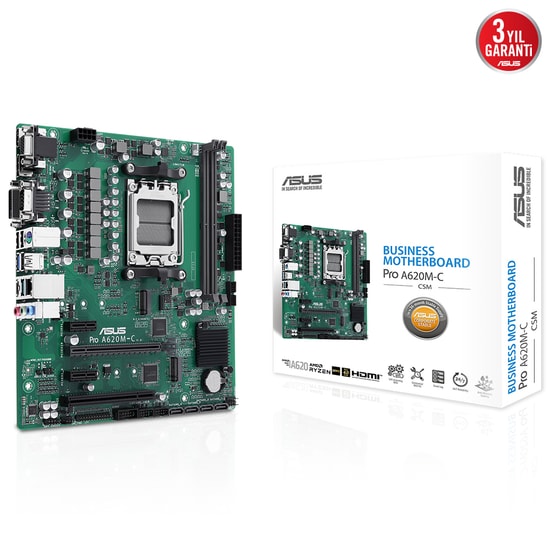 ASUS PRO A620M-C-CSM AM5 DDR5 Anakart - AMD A620, 6400MHz, Çift M.2, HDMI, DP, DVI, VGA, PCIe 4.0, Micro ATX