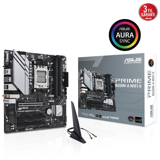ASUS Prime B650M-A Wifi II Anakart: AM5 Ryzen, DDR5 7600MHz, Çift M.2, VGA, DP, HDMI, WiFi 6, 2.5G LAN, USB 3.2 MicroATX