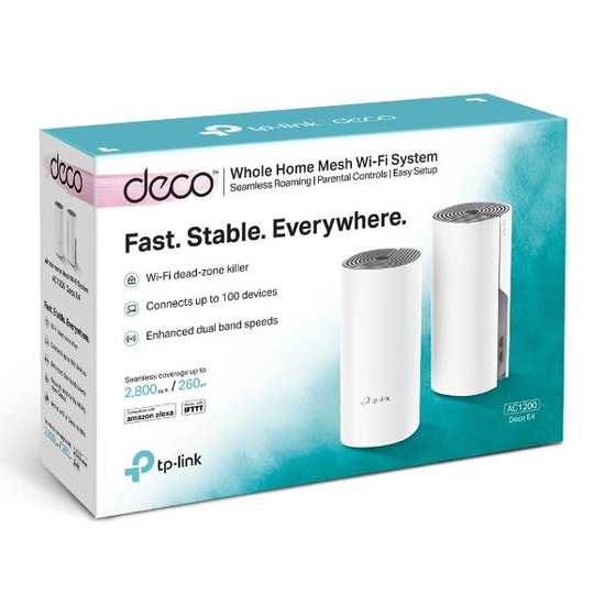 TP-Link Deco E4-2P AC1200 Mesh İkili Paket Wi-Fi Sistemi - 1200Mbps, Çift Band, 260m Kapsama, 100Mb LAN, Dahili Anten