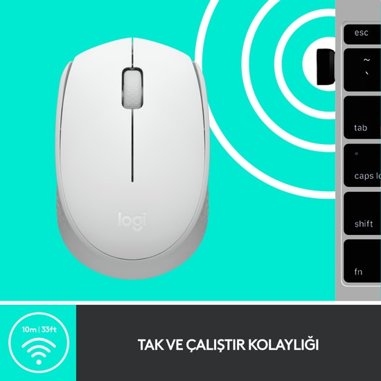 Logitech M171 Beyaz Kablosuz Optik Mouse (910-006867) - 10 Metre Çekim Mesafesi, 1000 DPI Hassasiyet, Tak Çalıştır