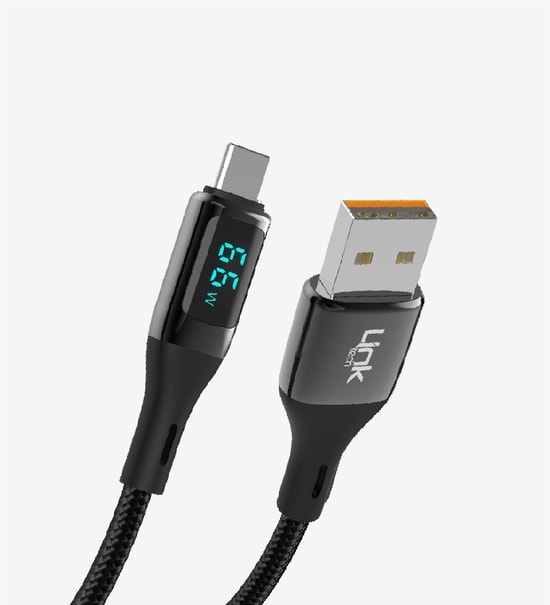 LinkTech K681 Siyah Dijital Göstergeli 66W PD USB-A to Tip-C Şarj Kablosu - 1m, Hızlı Şarj, Örgülü, Çinko Başlık