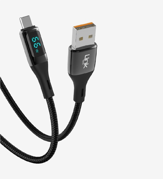 LinkTech K681 Siyah Dijital Göstergeli 66W PD USB-A to Tip-C Şarj Kablosu - 1m, Hızlı Şarj, Örgülü, Çinko Başlık