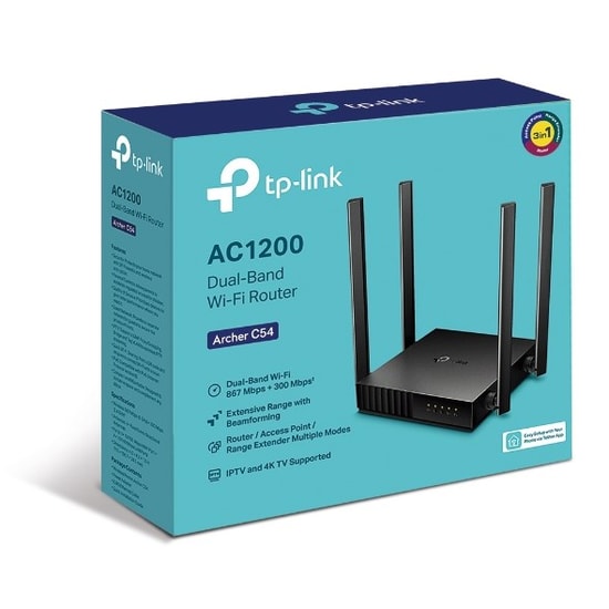 TP-Link Archer C54 AC1200 Dual Band WiFi Router - WiFi 5, 4 Anten MU-MIMO, 4 100Mps Port, WAN, QoS Desteği, Tak Çalıştır