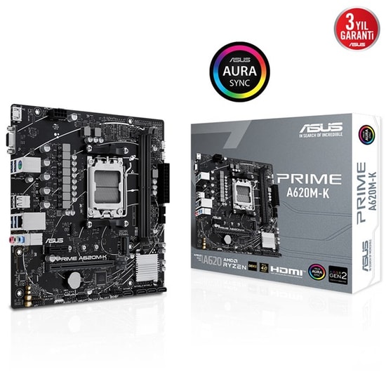 Asus Prime A620M-K Anakart: AMD AM5, DDR5 6400MHz, VGA, HDMI, PCle 4.0, M.2, USB 3.2 Gen 1, 1G LAN, AURA RGB, Micro ATX