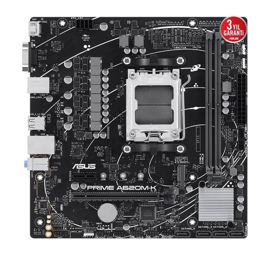 Asus Prime A620M-K Anakart: AMD AM5, DDR5 6400MHz, VGA, HDMI, PCle 4.0, M.2, USB 3.2 Gen 1, 1G LAN, AURA RGB, Micro ATX