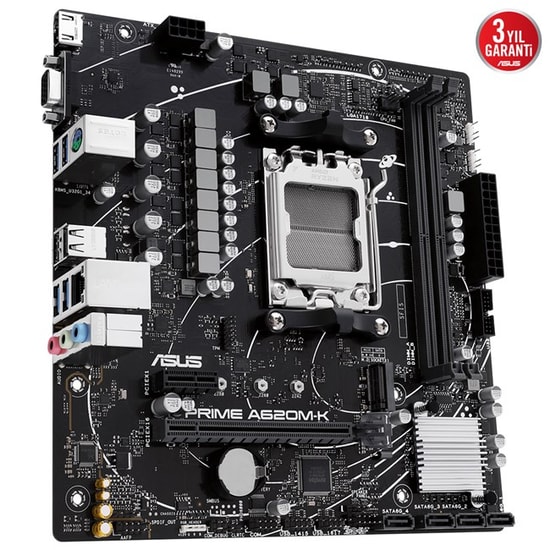 Asus Prime A620M-K Anakart: AMD AM5, DDR5 6400MHz, VGA, HDMI, PCle 4.0, M.2, USB 3.2 Gen 1, 1G LAN, AURA RGB, Micro ATX