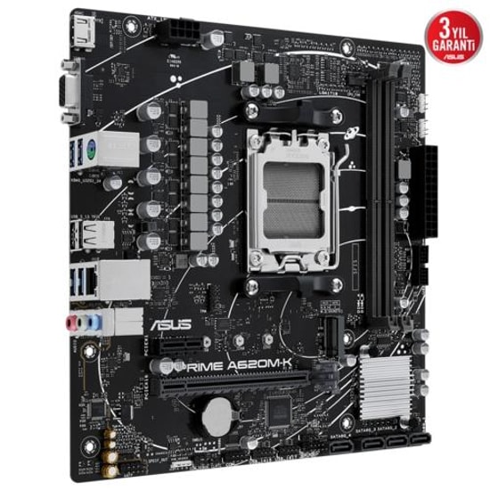 Asus Prime A620M-K Anakart: AMD AM5, DDR5 6400MHz, VGA, HDMI, PCle 4.0, M.2, USB 3.2 Gen 1, 1G LAN, AURA RGB, Micro ATX