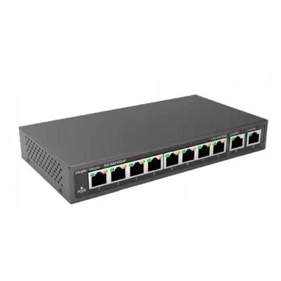 Ruijie Reyee RG-ES110D-P 10 Port 10/100 Switch - 8 Port PoE, 2 Port Gigabit Uplink, Metal Kasa, 110W Güç Kapasitesi