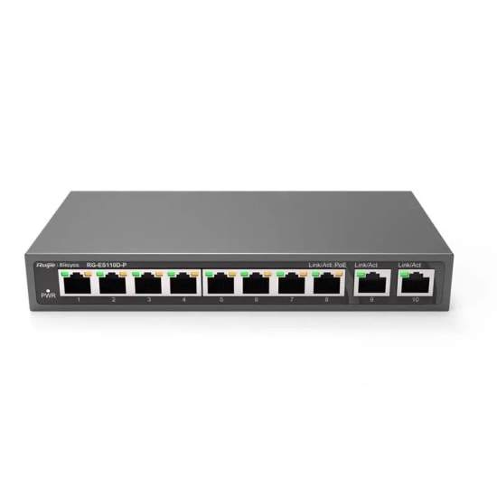 Ruijie Reyee RG-ES110D-P 10 Port 10/100 Switch - 8 Port PoE, 2 Port Gigabit Uplink, Metal Kasa, 110W Güç Kapasitesi