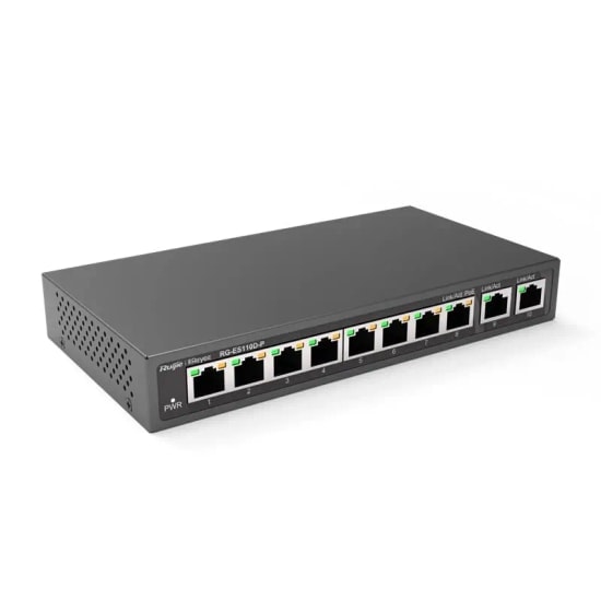 Ruijie Reyee RG-ES110D-P 10 Port 10/100 Switch - 8 Port PoE, 2 Port Gigabit Uplink, Metal Kasa, 110W Güç Kapasitesi