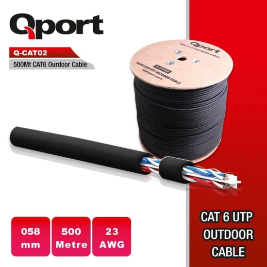 QPORT Q-CATO2 CAT6 500 Metre Siyah Outdoor UTP Kablo - 23AWG Dış Ortam Network Kablosu, 0.58mm