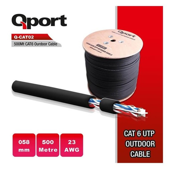 QPORT Q-CATO2 CAT6 500 Metre Siyah Outdoor UTP Kablo - 23AWG Dış Ortam Network Kablosu, 0.58mm