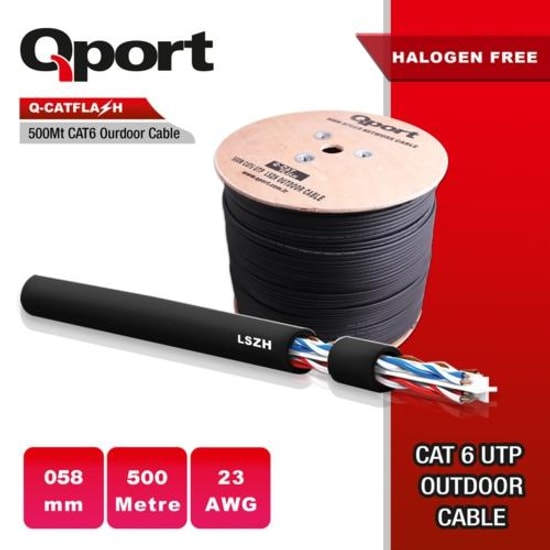 Qport Q-CATFLASH CAT6 500 Metre Gri Outdoor LSZH Network Kablosu - 23AWG, 0.58mm, %100 Bakır Halojen Free