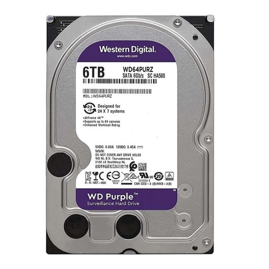 WD Purple 6TB Güvenlik Hard Diski 7/24 (WD64PURZ) - 3.5" SATA, 256 MB Cache, 5400RPM, 180 MB/s Okuma Hızı