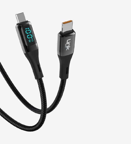 LinkTech K680 Siyah Dijital Göstergeli 100W Tip-C PD Şarj Kablosu - 1m, Hızlı Şarj, Örgülü Kablo, Çinko Başlık