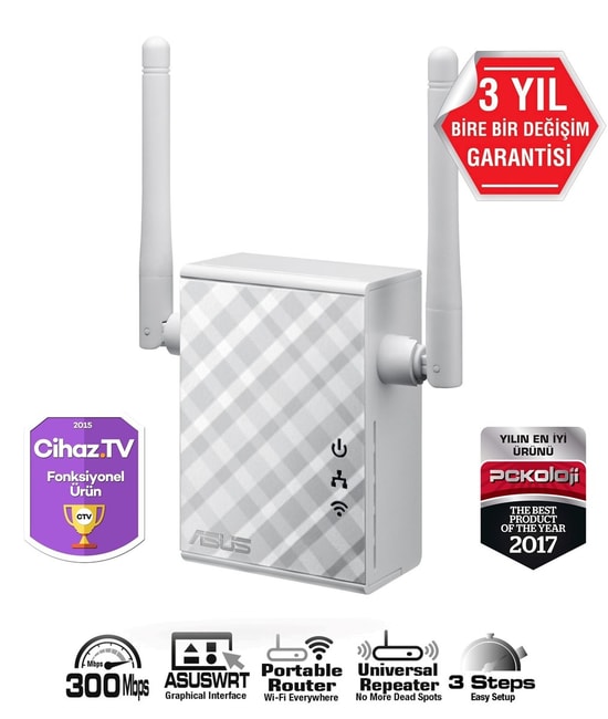 Asus RP-N12 300Mbps 2 Antenli Priz Tipi Wi-Fi Menzil Genişletici - Access Point, Router, Tek Tuşla Kurulum, Geniş Kapsam