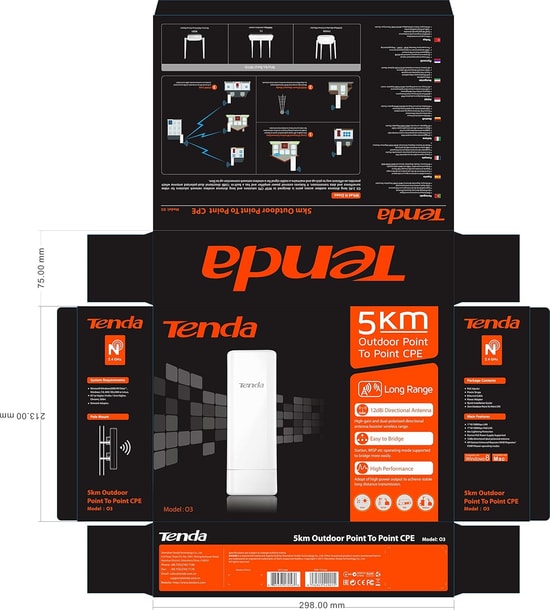 Tenda O3 150Mbps 5km Dış Mekan Access Point - 2.4GHz, 12dBi Anten, PoE ile Uzun Menzilli Kablosuz Köprü