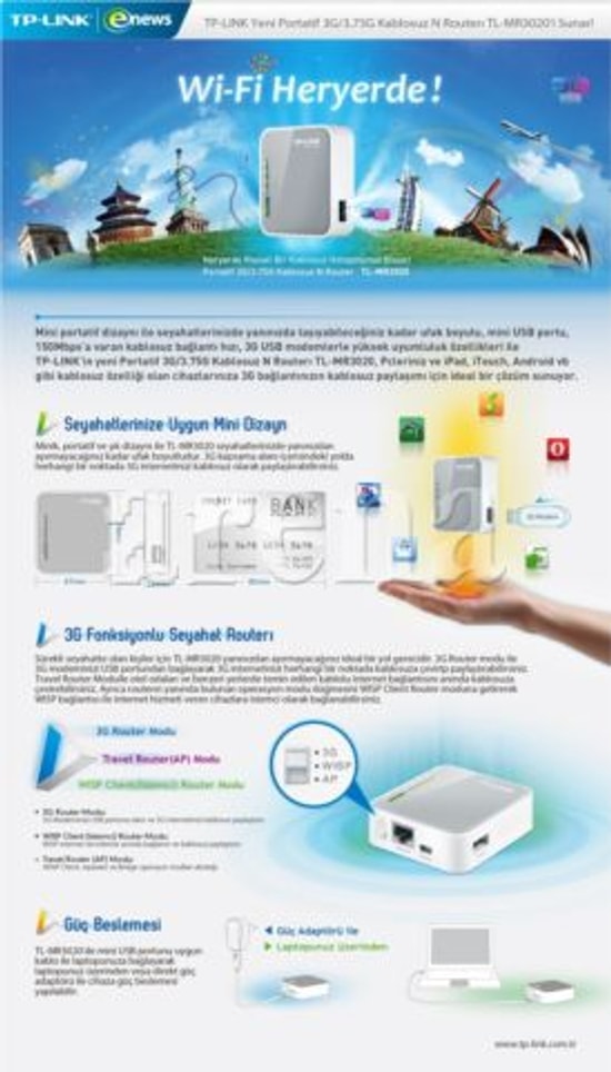 TP-Link TL-MR3020 150Mbps Taşınabilir 3G Kablosuz N Router - Wi-Fi 4, 150Mbps Hız, USB 2.0, Kompakt Tasarım
