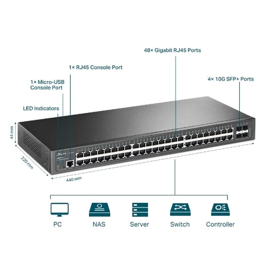 TP-Link TL-SG3452X JetStream 48 Port Gigabit L2+ Yönetilebilir Switch - 4x10GE SFP+ Slot, Rackmount, Metal Kasa