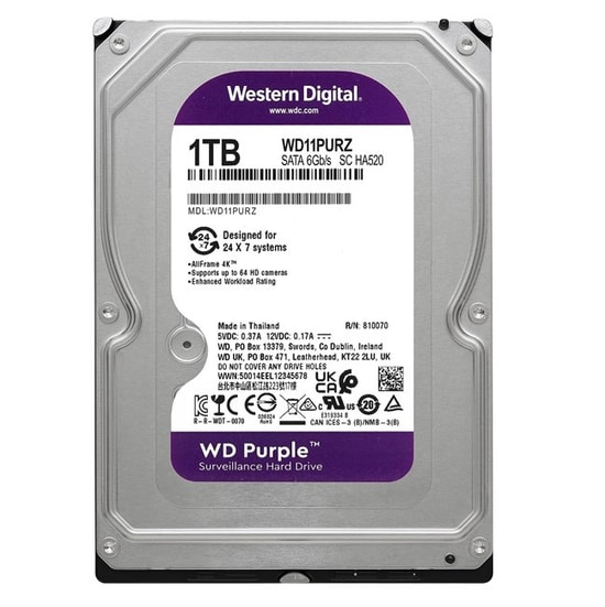WD Purple 1TB Güvenlik Diski (WD11PURZ) - 3.5" SATA3 HDD, 5400RPM, 180MB/s, 64MB Cache, 7/24 Kayıt, 3 Yıl Garantili
