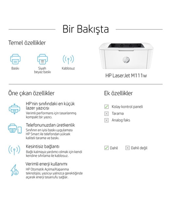 HP LaserJet M111w (7MD68A) Mono Lazer Yazıcı - Wi-Fi, Mobil Baskı, Siyah-Beyaz, Kompakt Tasarım, 20ppm Hız