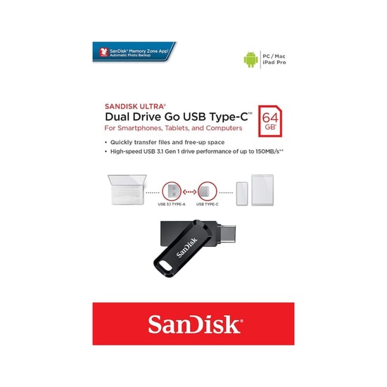 SanDisk Ultra Dual Drive Go 64GB Type-C USB 3.2 Flash Bellek (SDDDC3-064G-G46) - Siyah, 300MB/s Okuma, Çift Bağlantılı