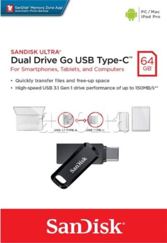 SanDisk Ultra Dual Drive Go 64GB Type-C USB 3.2 Flash Bellek (SDDDC3-064G-G46) - Siyah, 300MB/s Okuma, Çift Bağlantılı