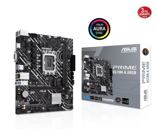 Asus Prime H610M-K ARGB DDR5 Anakart: LGA1700, DDR5 5600MHz, M.2, HDMI, VGA, USB 3.2, 1G LAN, AURA RGB, Micro ATX