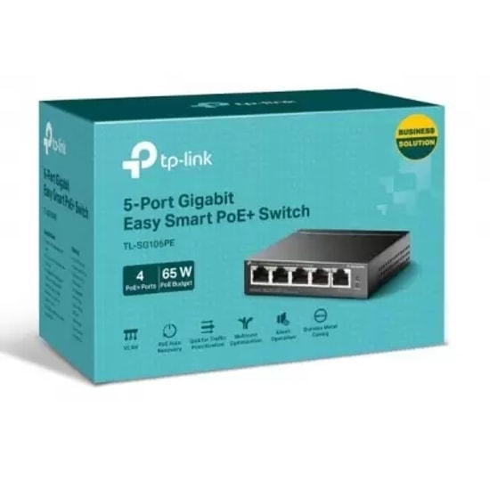 TP-Link TL-SG105PE 5 Port Gigabit Easy Smart Switch - 4 Port PoE+, 65W PoE Güç, Metal Kasa, Fansız Tasarım