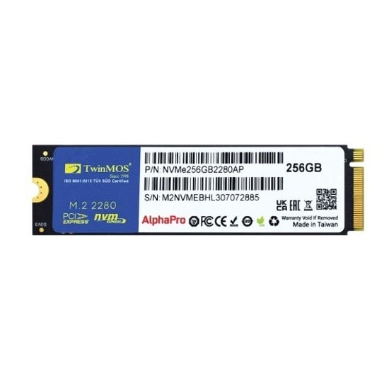 TwinMOS 256GB NVMe M.2 2280 PCIe Gen3 SSD (NVME256GB2280AP), 3600/3250 MB/s Okuma/Yazma, 3D TLC NAND, SMART Desteği