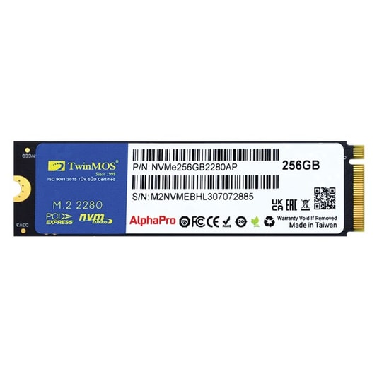 TwinMOS 256GB NVMe M.2 2280 PCIe Gen3 SSD (NVME256GB2280AP), 3600/3250 MB/s Okuma/Yazma, 3D TLC NAND, SMART Desteği