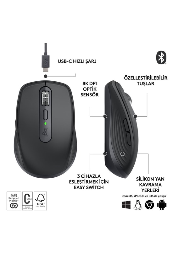 Logitech MX Anywhere 3S Siyah Kablosuz Şarjlı Mouse (910-006929) - 8000dpi, 6 Tuşlu, Darkfield Sensör, Sessiz Tıklama