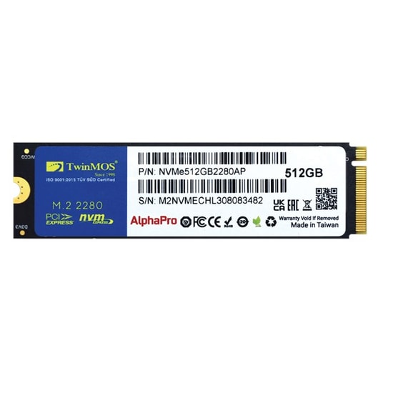 TwinMOS AlphaPro 512GB NVMe M.2 2280 SSD (NVME512GB2280AP) - 3600/3250 MB/s, PCIe Gen 3x4, TLC 3D NAND, SMART Desteği