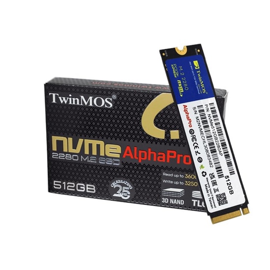 TwinMOS AlphaPro 512GB NVMe M.2 2280 SSD (NVME512GB2280AP) - 3600/3250 MB/s, PCIe Gen 3x4, TLC 3D NAND, SMART Desteği