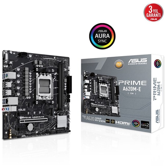 Asus Prime A620M-E/CSM Anakart: AMD AM5, Ryzen 7000 Serisi, DDR5 6400MHz, M.2, PCle 4.0, HDMI, DP, VGA, ARGB, Micro ATX
