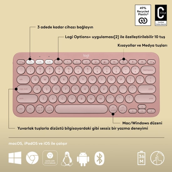 Logitech Pebble Keys 2 K380s Pembe Türkçe Q Düzen Bluetooth Klavye (920-011861) - Easy-Switch, 3 Cihaz Bağlantısı