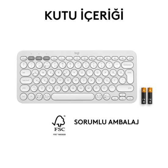 Logitech Pebble Keys 2 K380s Beyaz Bluetooth Klavye (920-011860) - Easy-Switch ile 3 Cihaz Arası Geçiş, TR Q Düzen