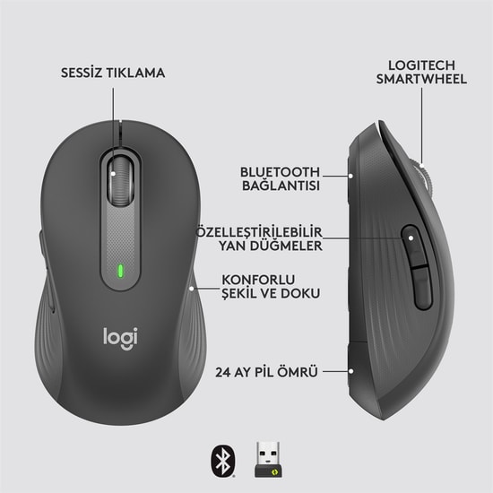 Logitech M650 L Siyah Kablosuz Optik Mouse (910-006236) - 4000 DPI, Sessiz Tıklama, Ergonomik Tasarım, Uzun Pil Ömrü