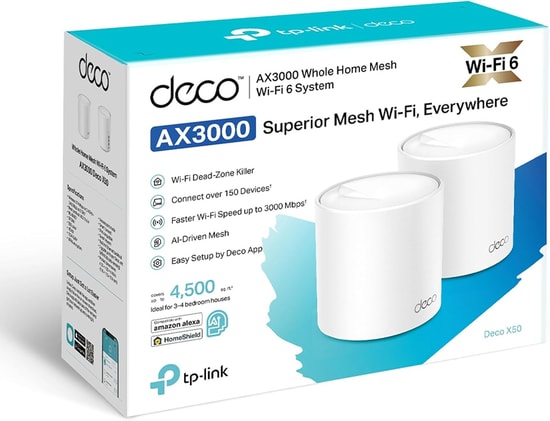 TP-Link Deco X50-2P AX3000 Mesh Wi-Fi Sistemi (İkili Paket) - 460m Kapsama, WiFi 6, 150+ Cihaz, AI Mesh, 2x Gigabit LAN