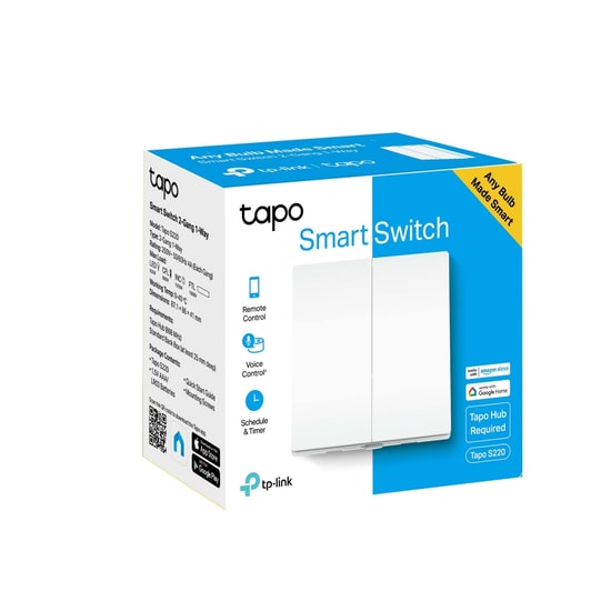 TP-Link Tapo S220 Akıllı Işık Anahtarı - Uzaktan Kontrol, 2 Düğmeli, Ses Kontrolü, Kolay Kurulum, Tapo Hub Gereklidir