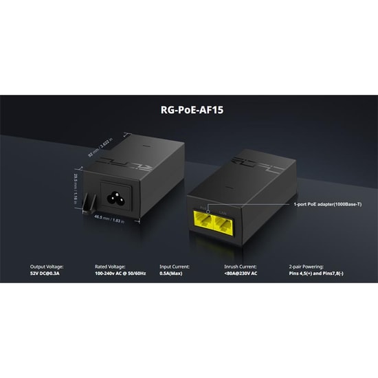 Ruijie Reyee RG-POE-AF15 1-Port Gigabit PoE Enjektör Adaptör - 52V DC, 0.3A, 15.6W, Tak Çalıştır, Duvara Montaj Uygun